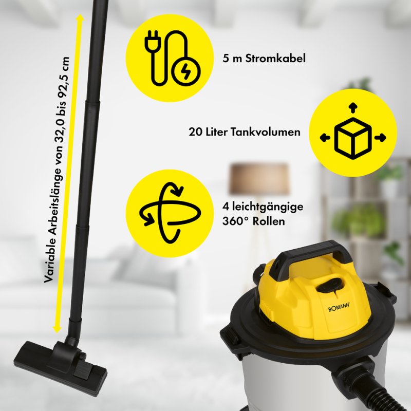 BOMANN nat-droogzuiger BS 6058, edelstaal, 20 L tank, 1200 W